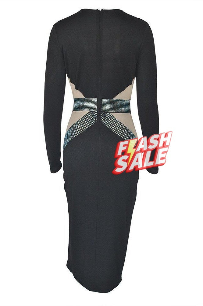 Rhinestone Decor Sheer Mesh Split Thigh Midi Dress