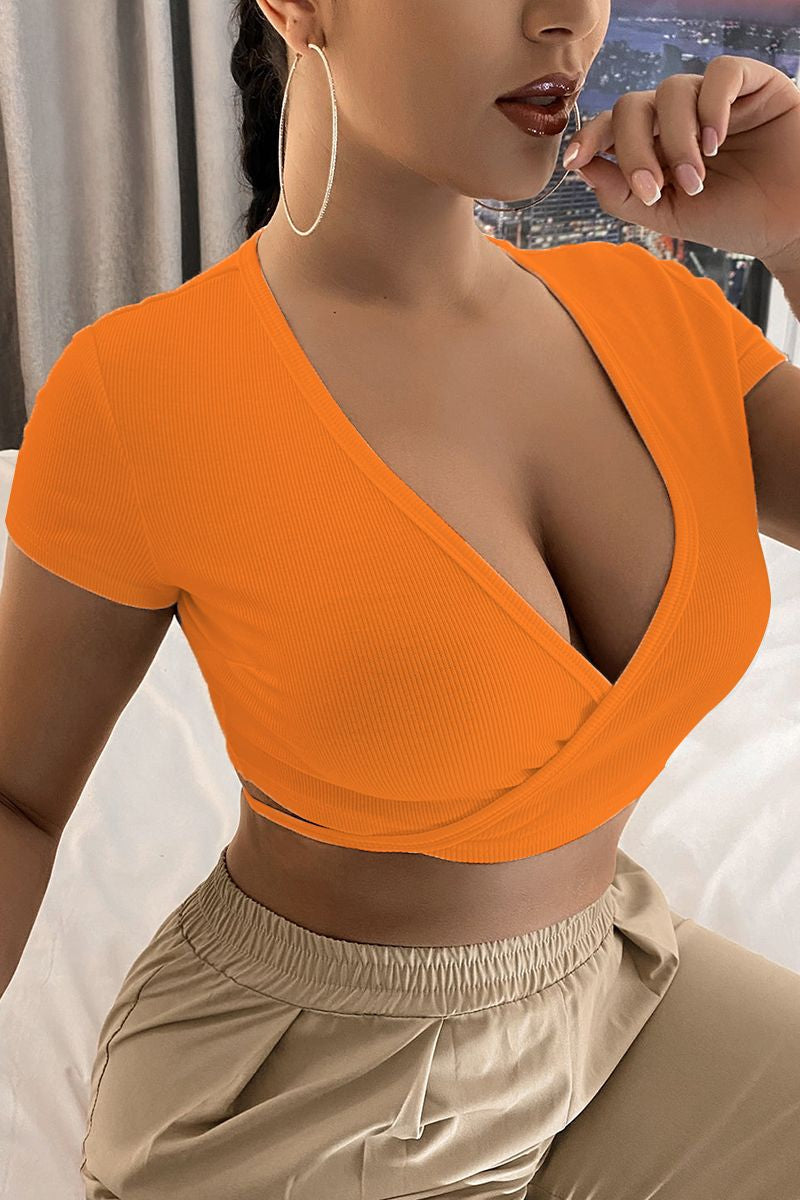 Ribbed Wrap Tie Back Plunging Neck T-Shirt