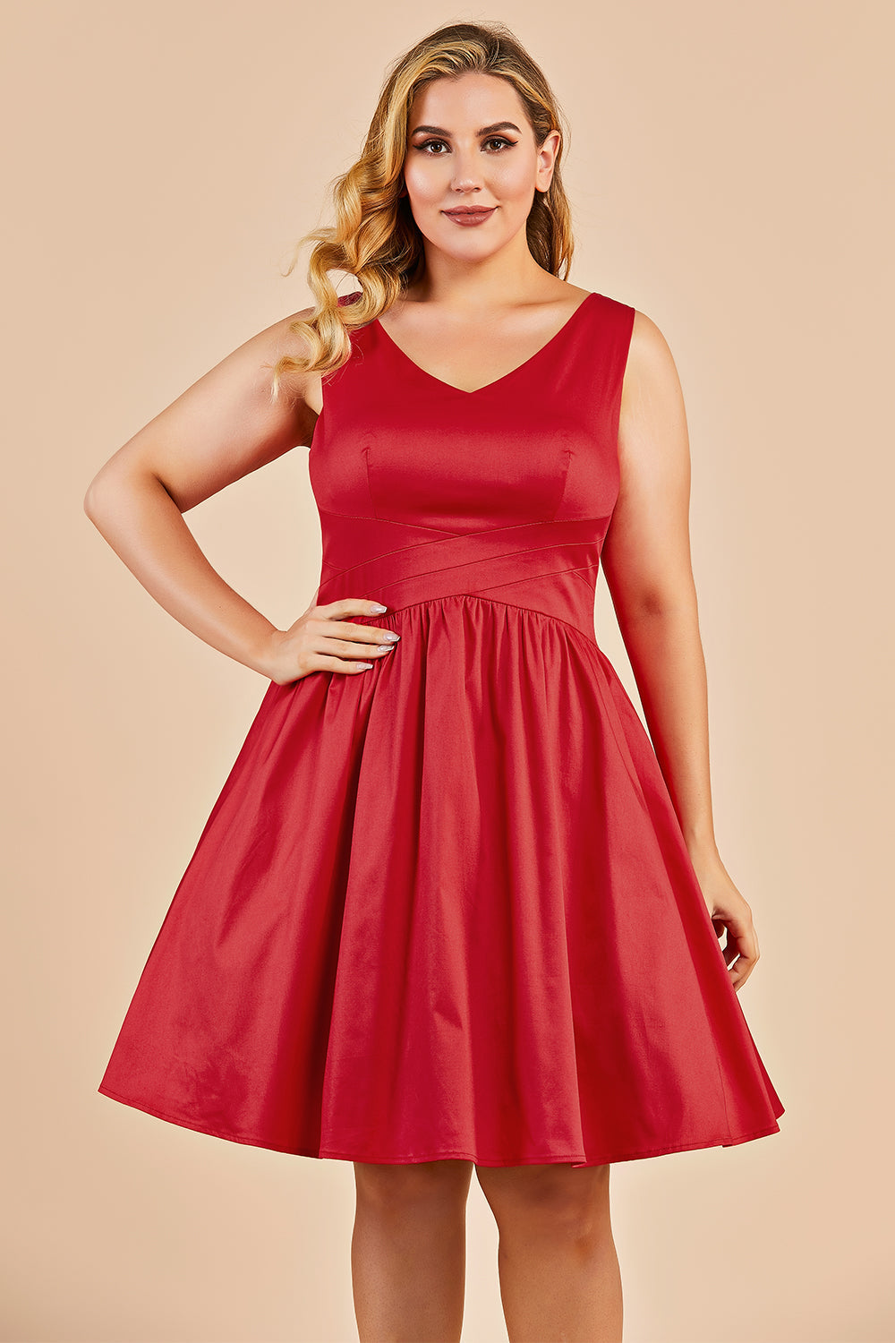 Red V-neck Plus Size Swing Dress
