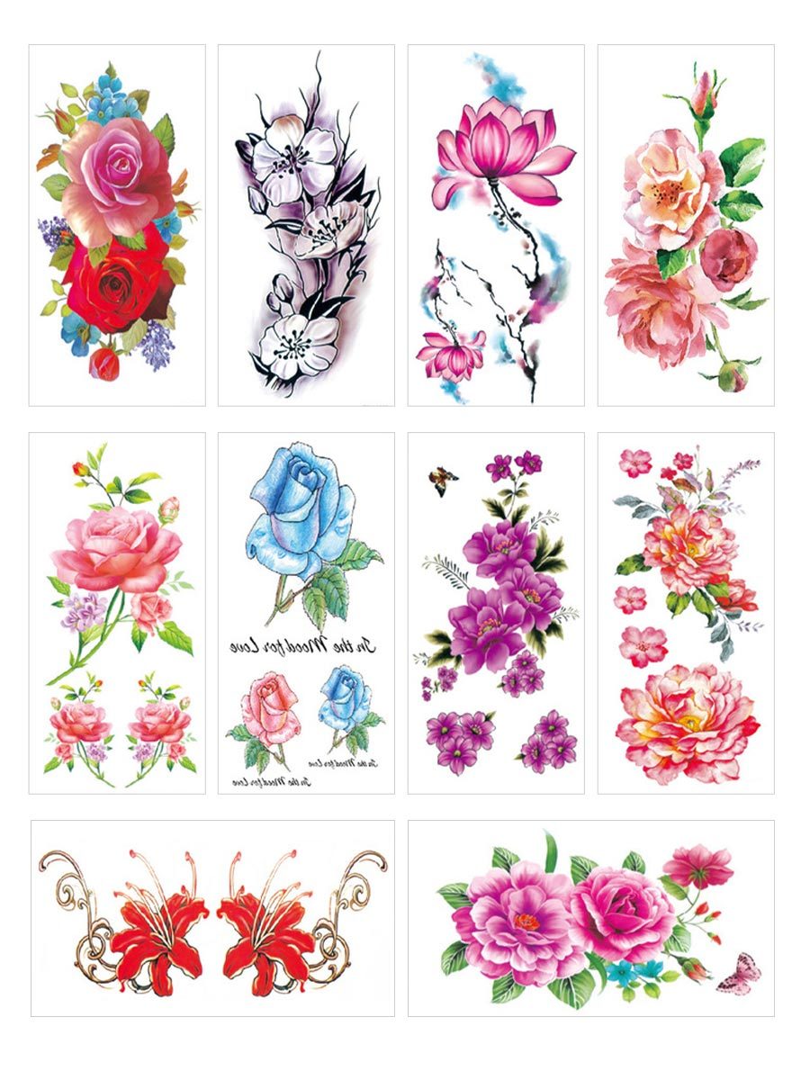10Pcs/Set Waterproof Tattoo Stickers Plum Peony Flowers Sketch Colorful Tattoo