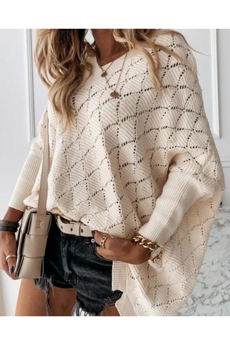 Pointelle Knit Split Hem Oversized Sweater