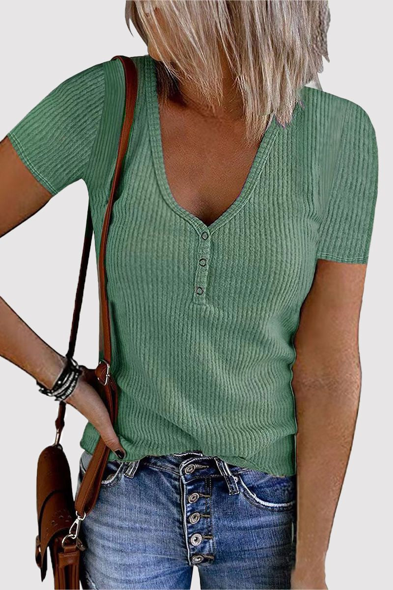 Ribbed Button Front V Neck T-Shirt