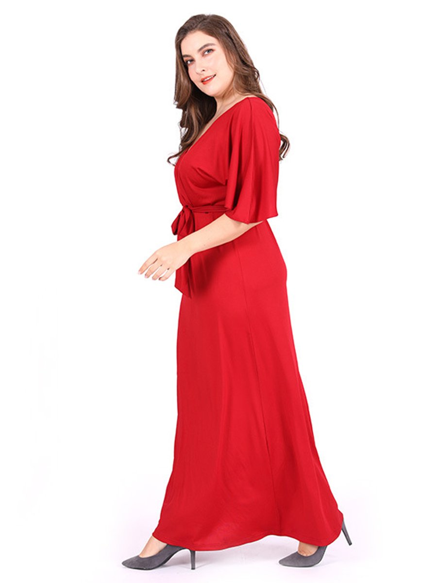 Plus Size Dresses Red Cape Sleeve Deep V-Neck Sexy Swing Dresses