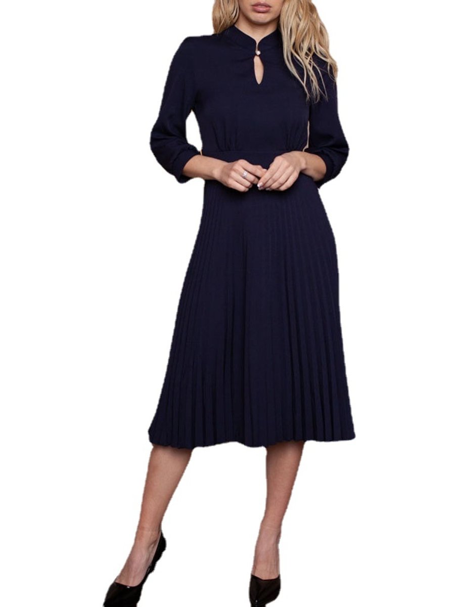 Pleated Dress Hepburn Style Round Hollow Neck Lantern Three-quarter Sleeve Maxi Dress