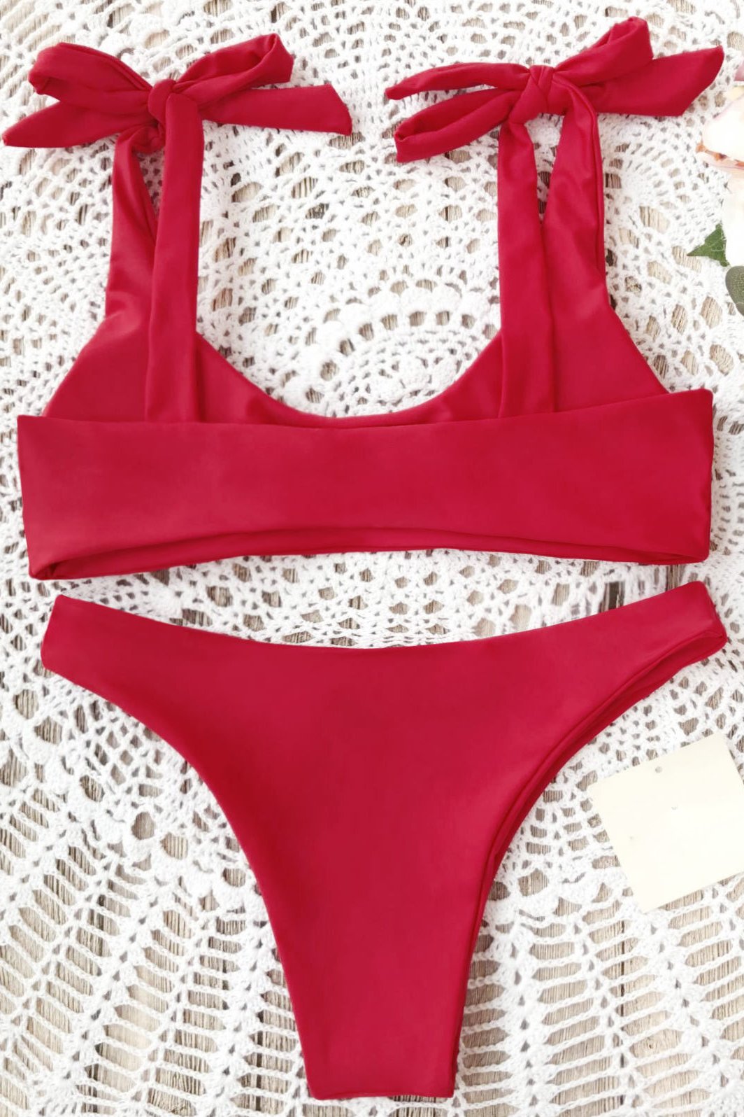 Red Scoop Tie Shoulder High Cut Cheeky Sexy Bikini Bathing Suit