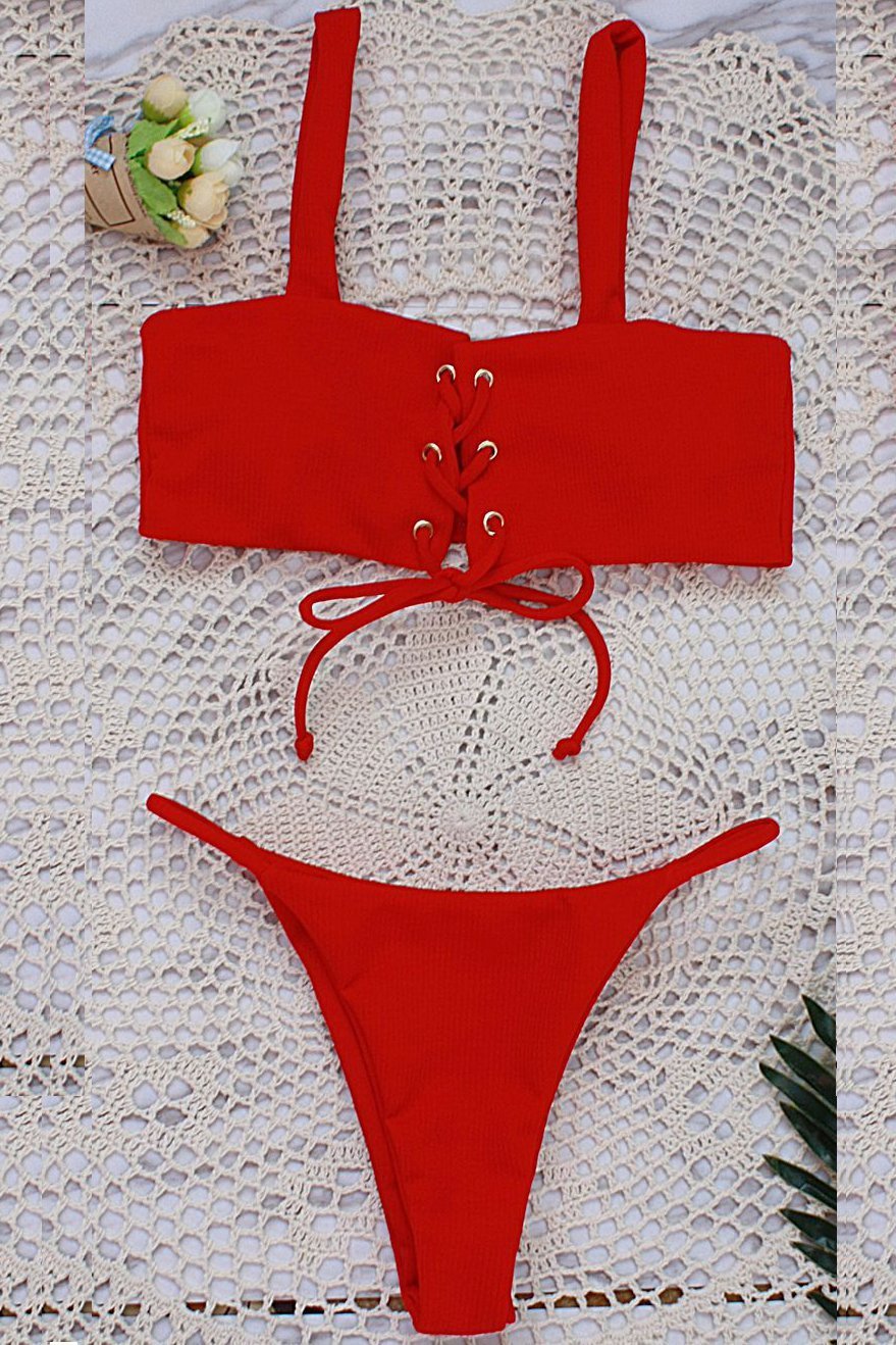 Red Strappy Lace Up High Cut Ribbed Thong Sexy Bikini Swimsuit