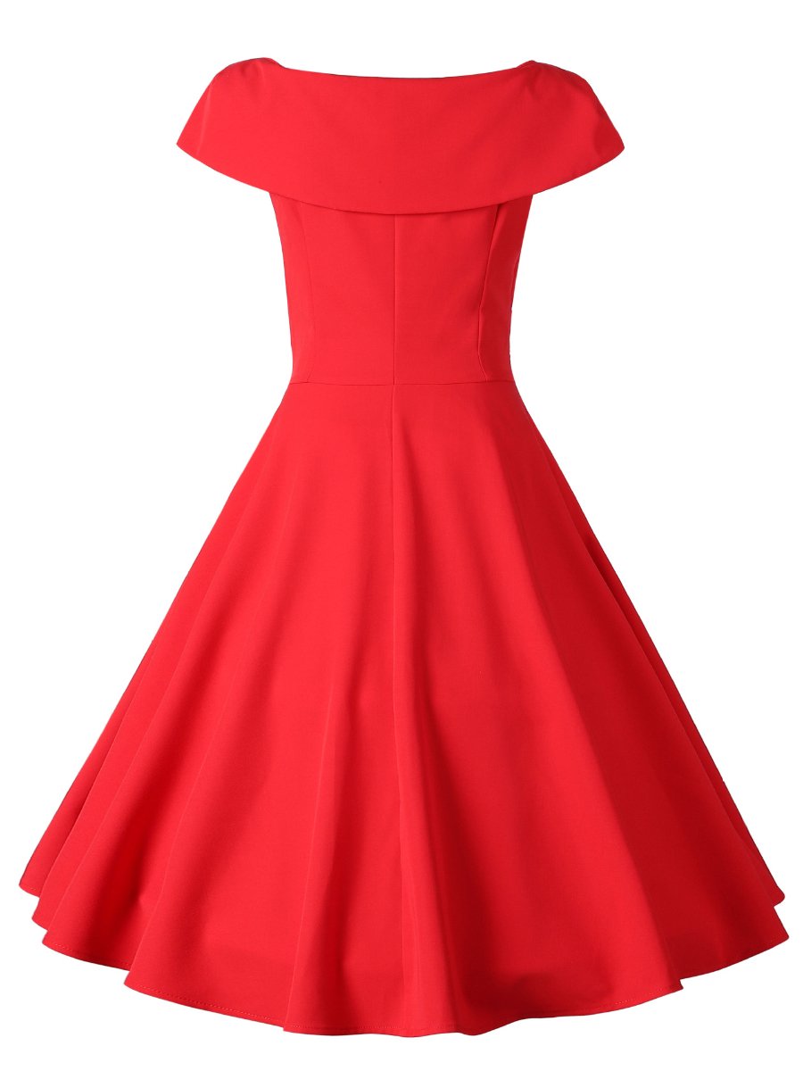 Red Dress For Women Bowknot Lapel Neck Solid Color Swing Dresses