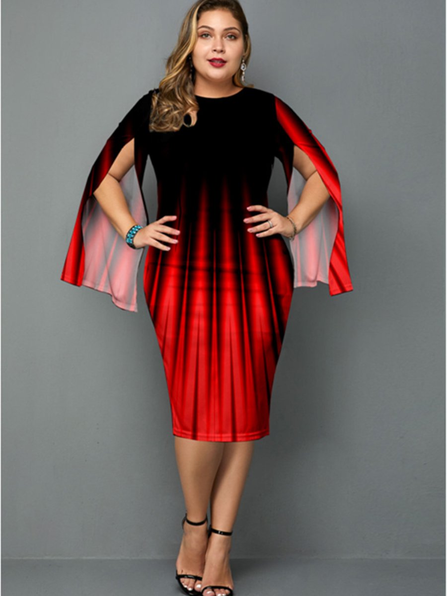 Plus Size Dresses Printed Irregular Slit Sleeves Midi Bodycon Dresses