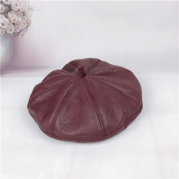 Pleated Beret Hat For Women British Style All-Match Solid Color Leather Hat