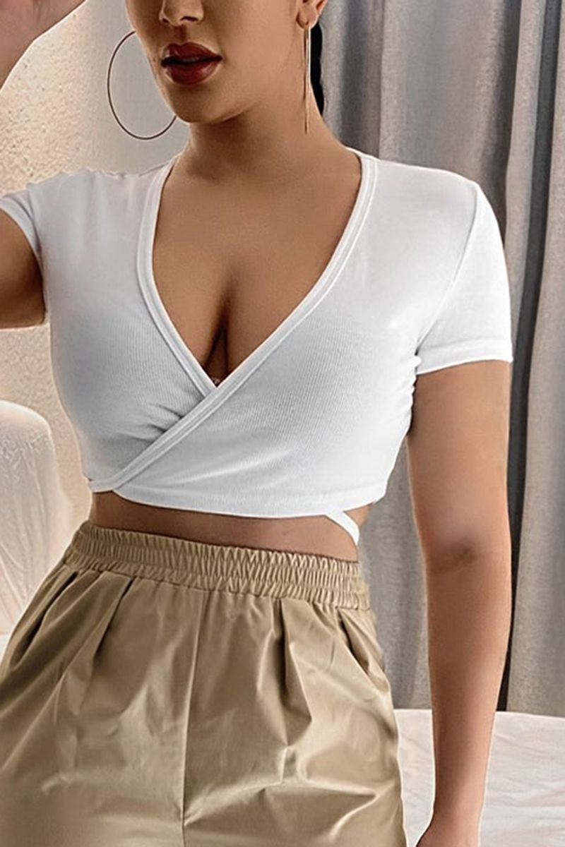 Ribbed Wrap Tie Back Plunging Neck T-Shirt