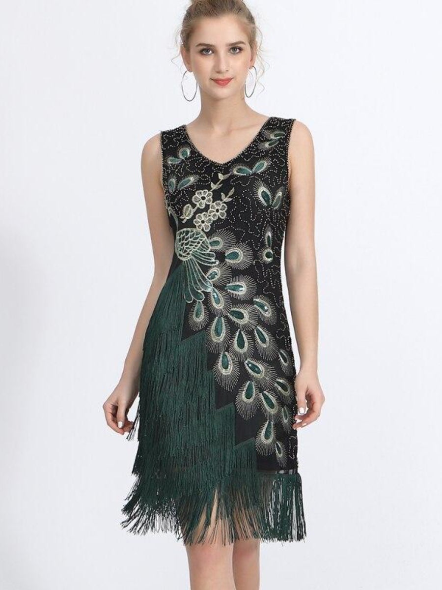 Plus Size Women 1920s Flapper Dress Vintage V-Neck Peacock Embroidery Great Gatsby Dress