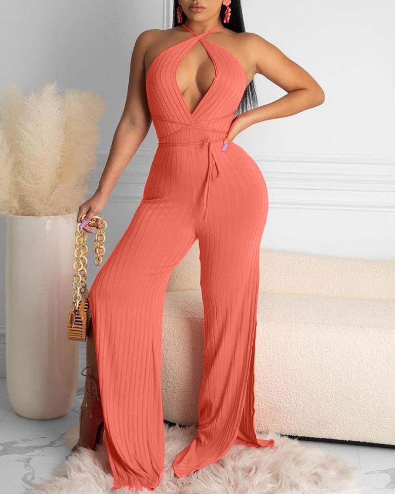 Ribbed Criss Cross Split Backless Wide Leg Casual Jumpsuit