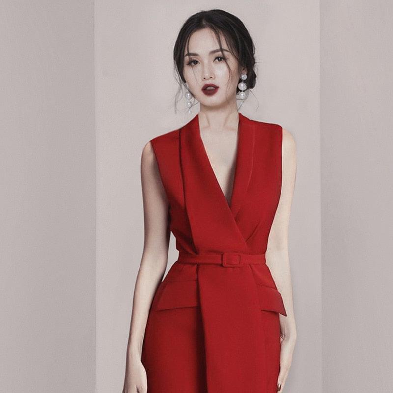 Red Sleeveless V-neck Belt Front Slit Blazer Dress
