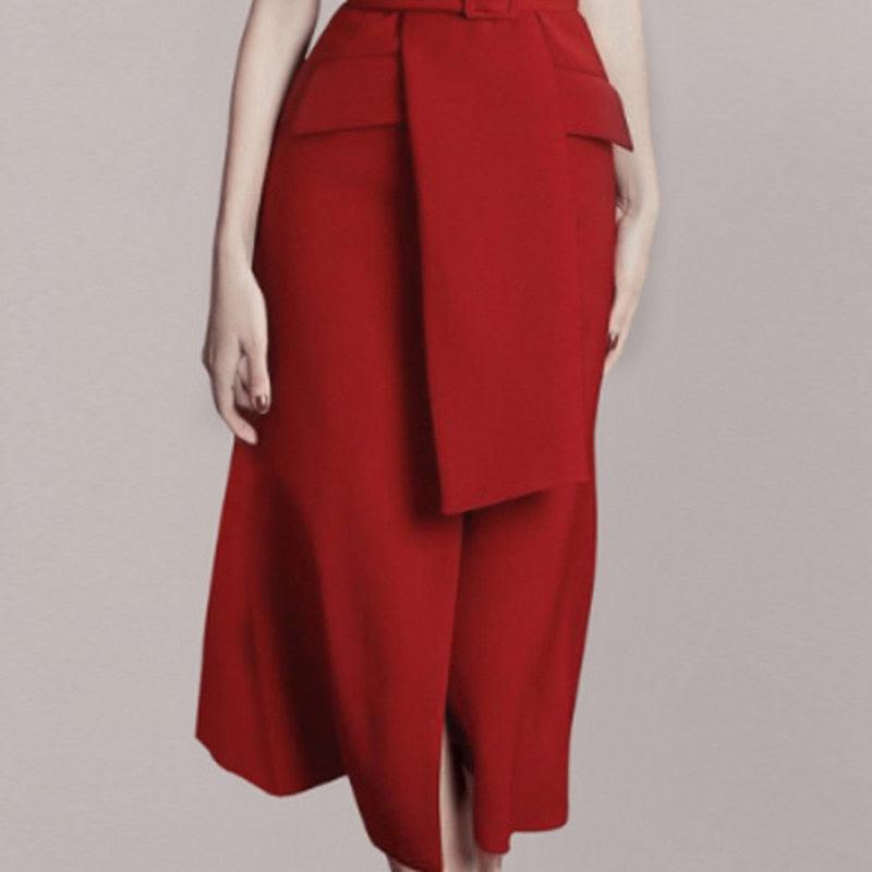 Red Sleeveless V-neck Belt Front Slit Blazer Dress