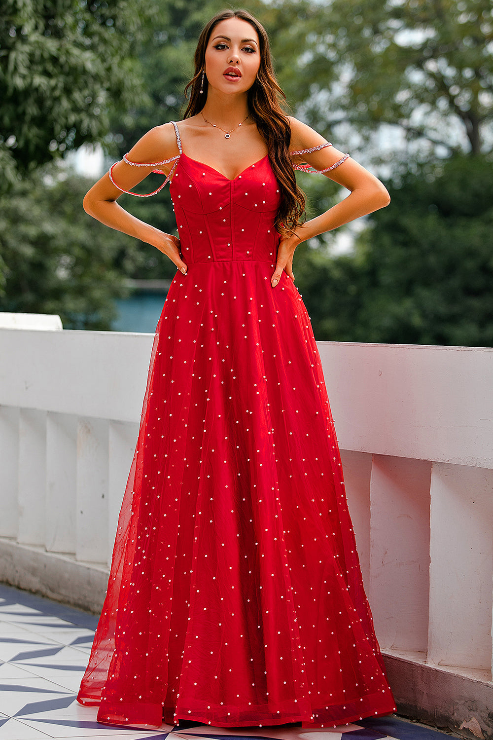 Red Beaded Long Prom Dress