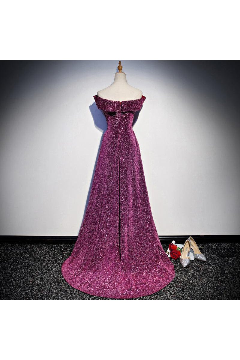 Purple off-shoulder elegant evening gown