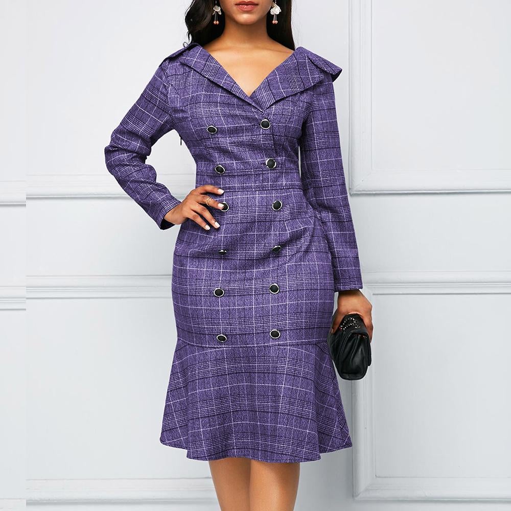 Plus Size Plaid Office Long Sleeve Double-breasted Ruffles Bodycon Dress