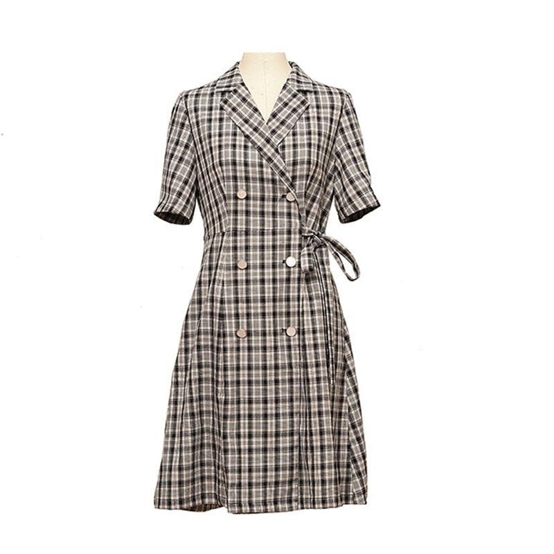 Satin Plaid V Collar Casual Vintage Plain Chiffon Dress