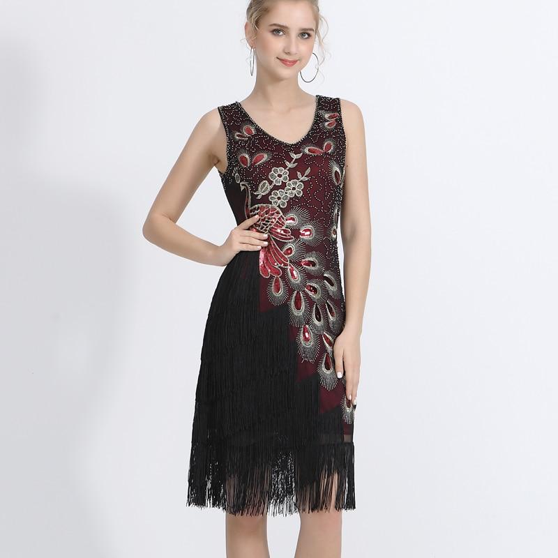 Plus Size Women 1920s Flapper Dress Vintage V-Neck Peacock Embroidery Great Gatsby Dress
