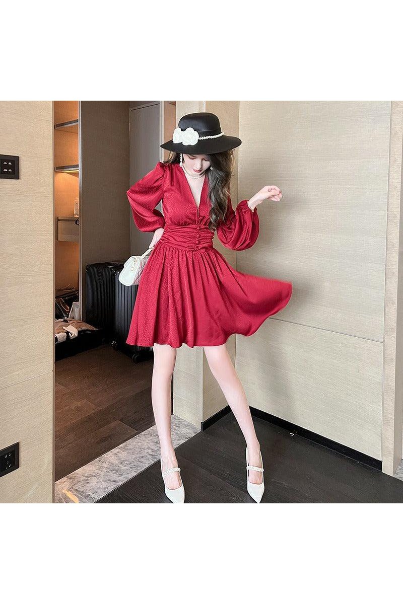 Red V-neck Puff Sleeves Party Mini Dress