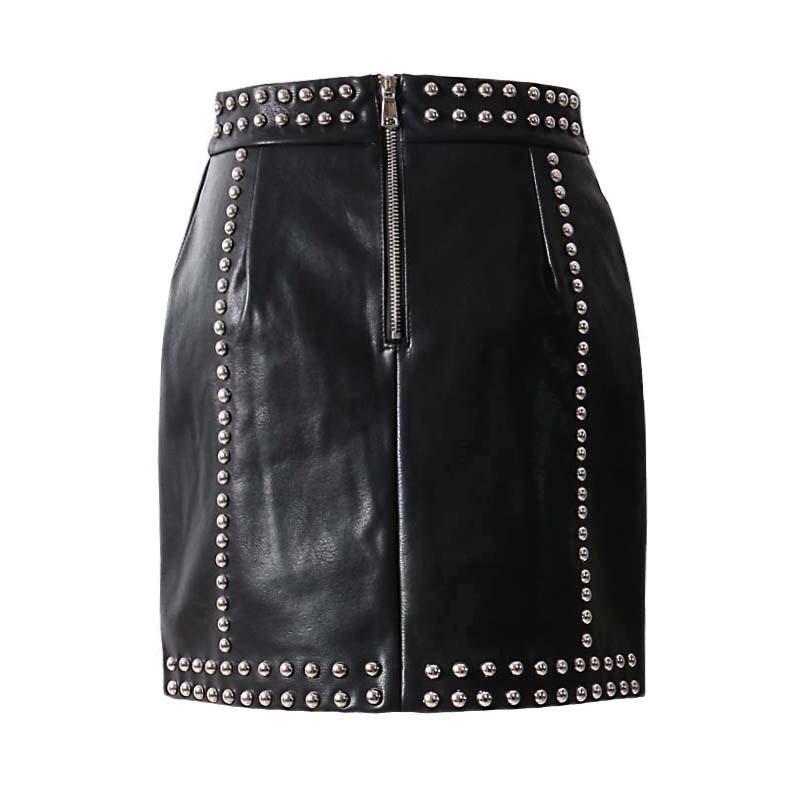 Punk Style Heavy Rivets PU Leather  Single Breasted Skirt