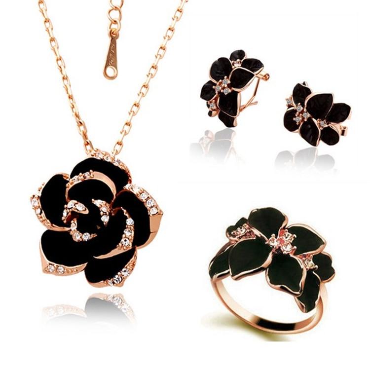 Rose Flower Enamel Jewelry Set Necklac+Earings+Ring Set
