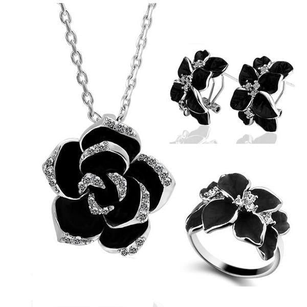 Rose Flower Enamel Jewelry Set Necklac+Earings+Ring Set