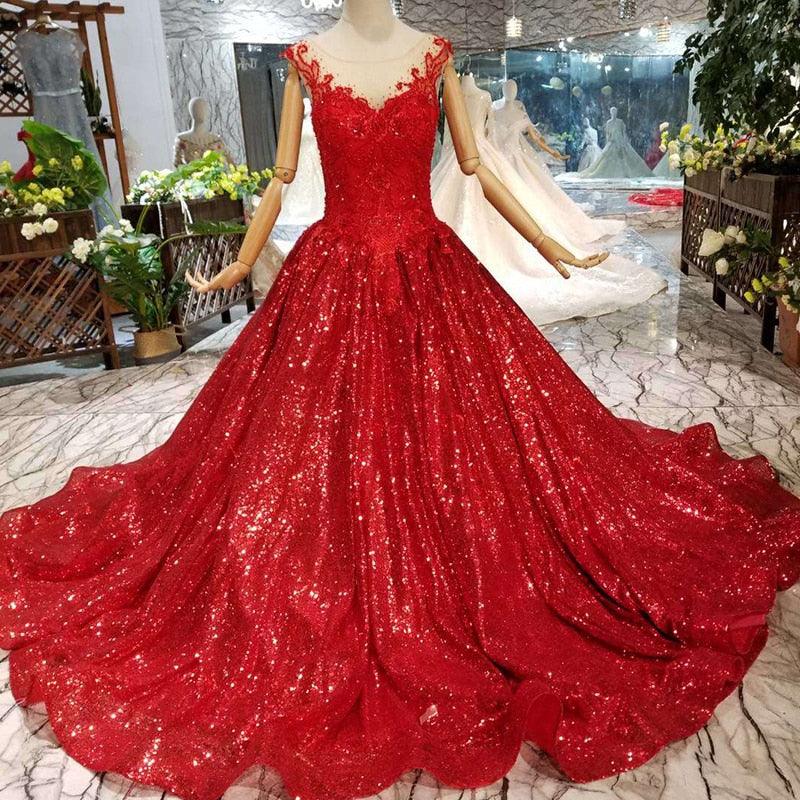 Red Reflective Sleeveless A-line Sparkly Formal Evening Dress