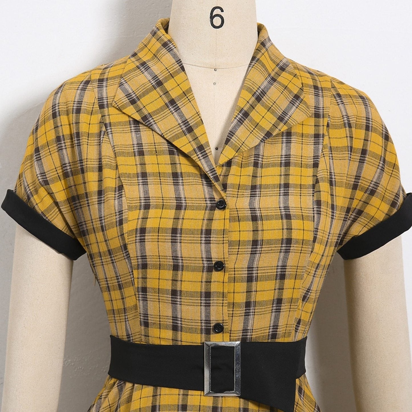 Plaid Vintage Dress Turn Down Neck Belt Short Sleeve Rockabilly 50s Retro Dresses