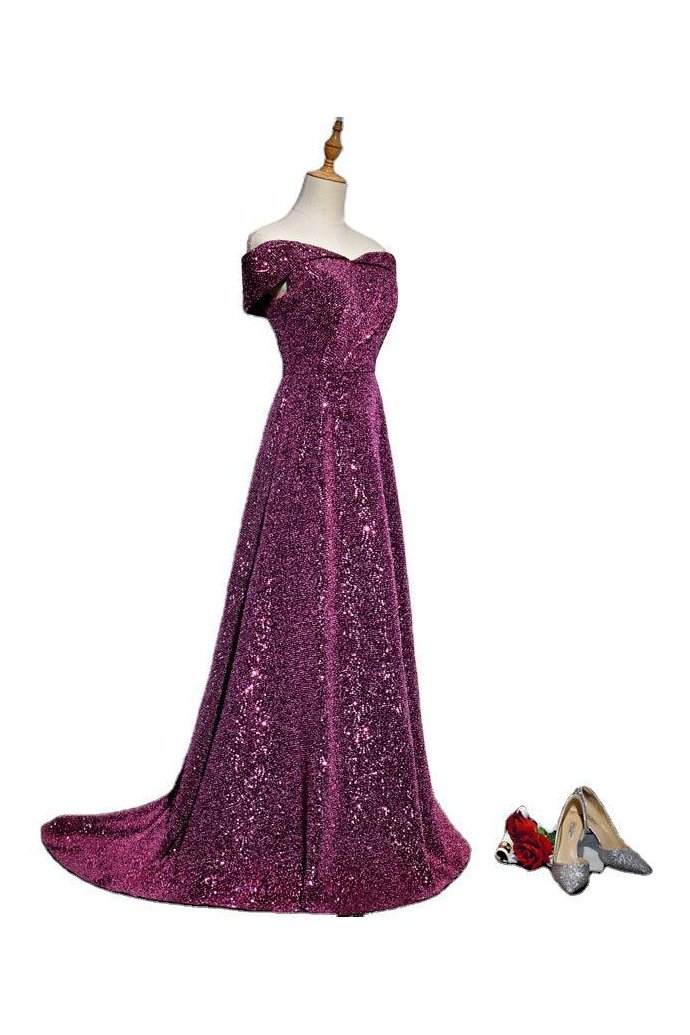 Purple off-shoulder elegant evening gown
