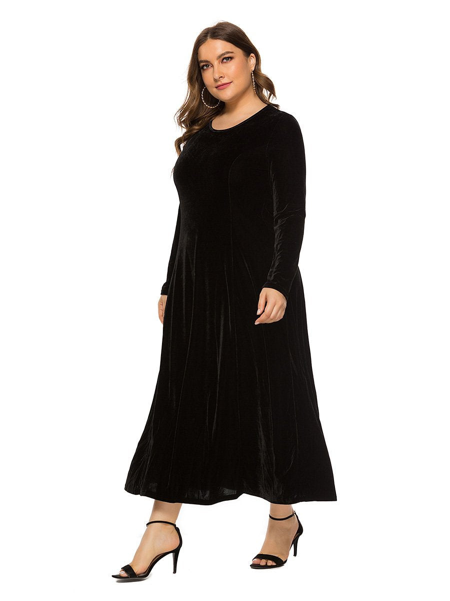 Plus Size Dress Round Neck Long Sleeve Velvet Maxi Swing Dress