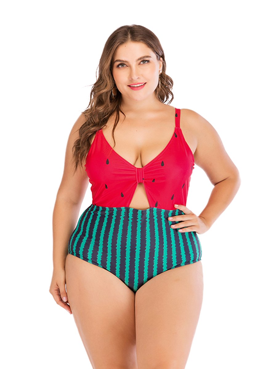 Plus Size One-piece Hollow Out Watermelon Bikini Suit