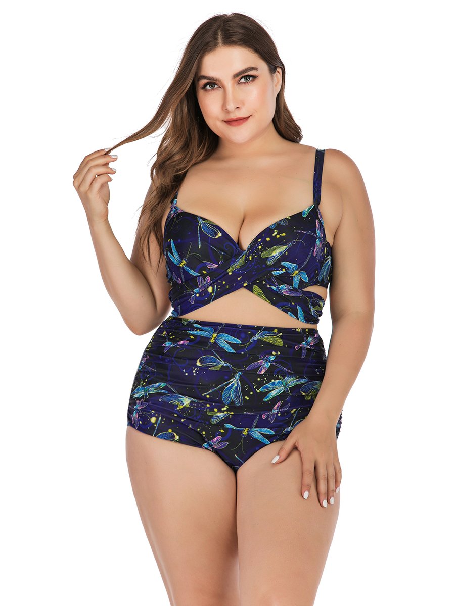 Plus Size Two-piece Hollow Out Floral Bikini Suit
