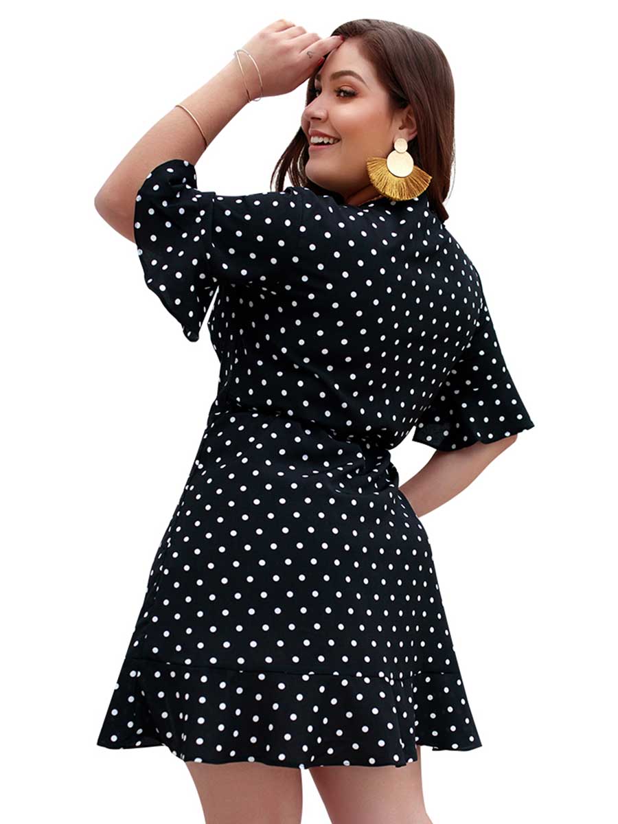 Plus Size Dress Cross V-neck Polka Dot Mini Dress