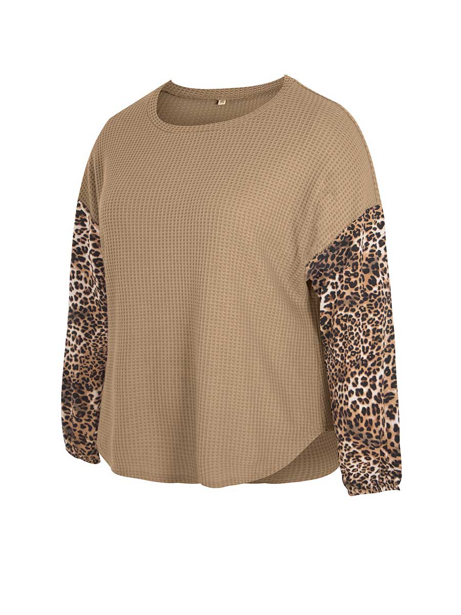 Plus Size Top Round Neck Leopard Long-sleeved Sweater