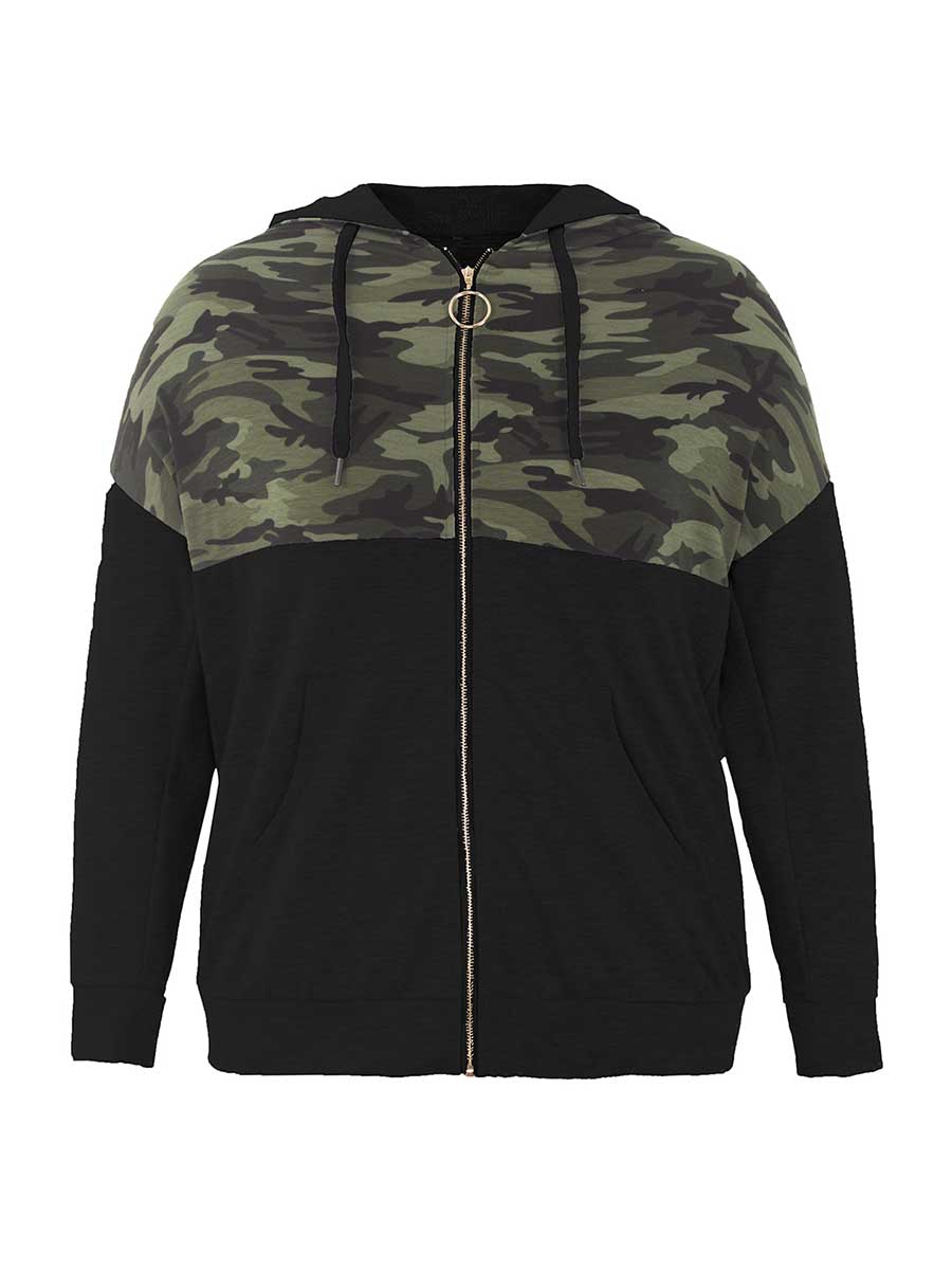 Plus Size Top Camouflage Solid Color Zipper Stitching Long-sleeved Sweatshirt
