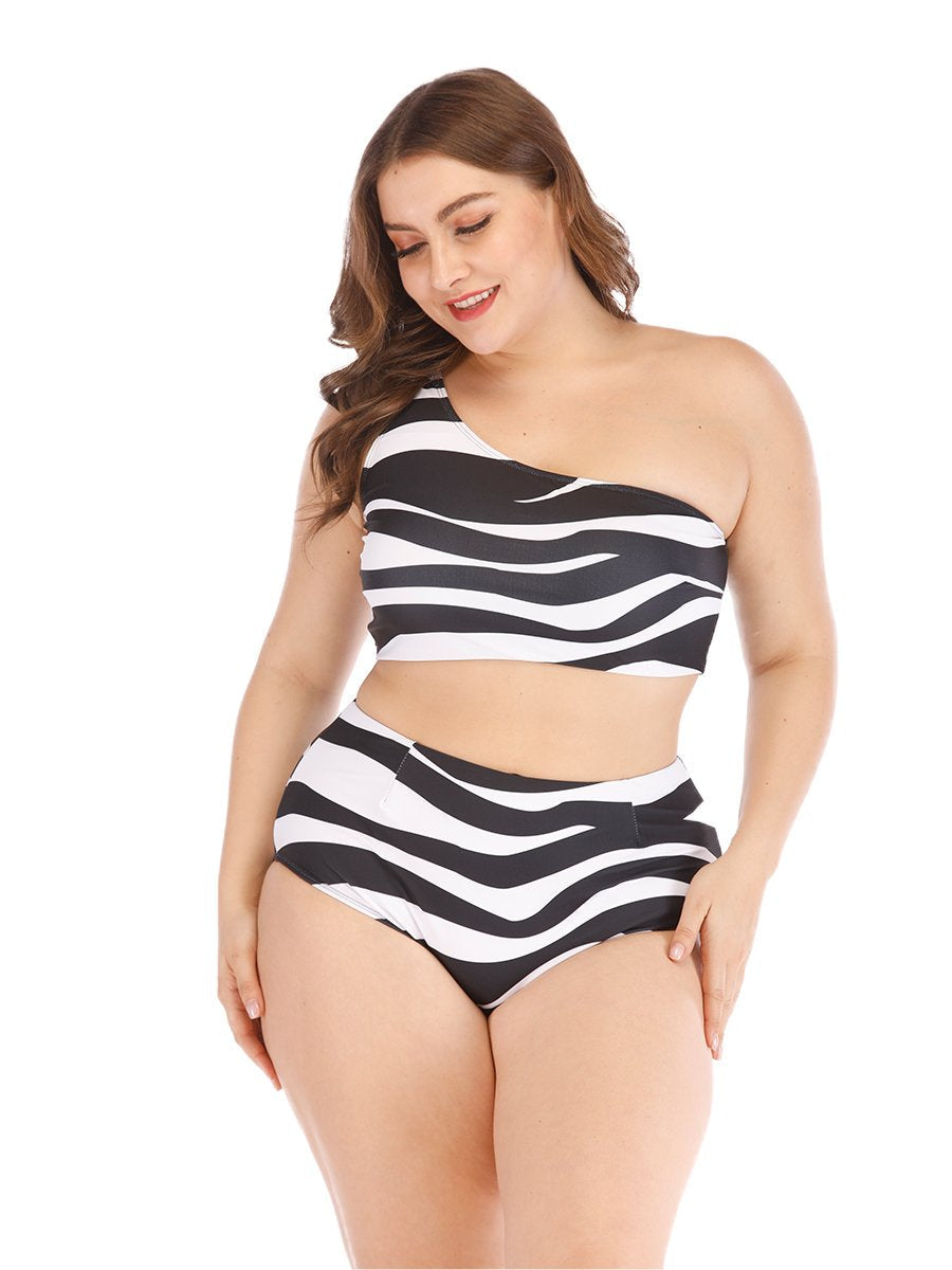 Plus Size Bikini Two-piece Zebra Stripe One Shoulder Swimwear
