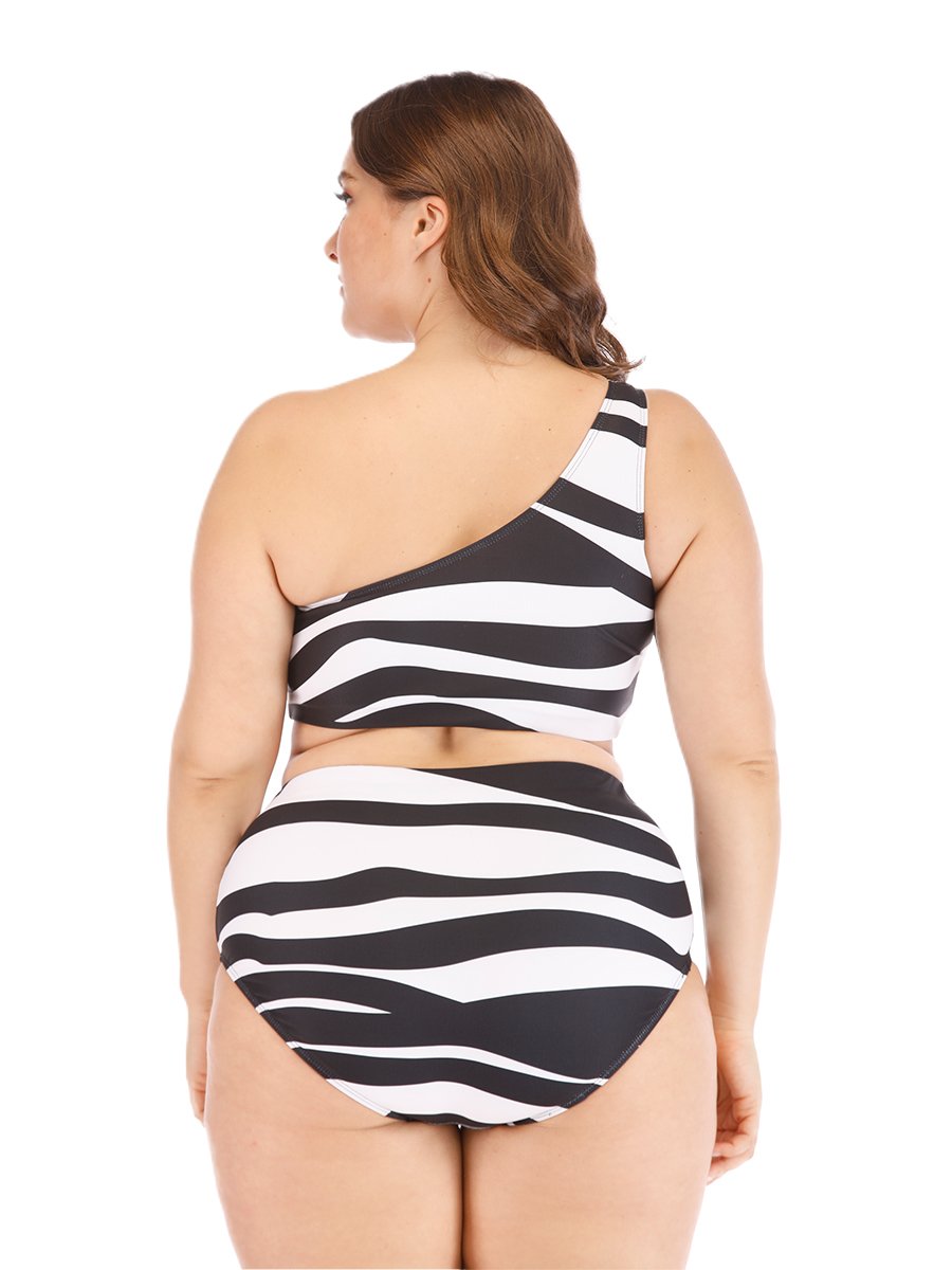 Plus Size Bikini Two-piece Zebra Stripe One Shoulder Swimwear
