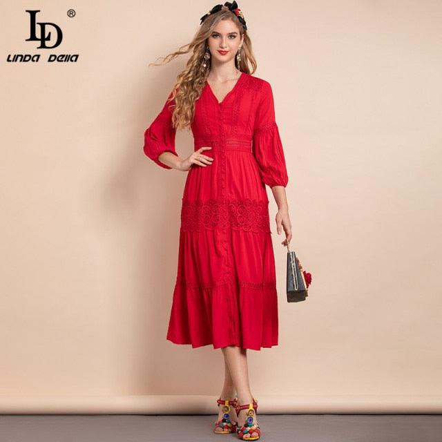 Red Lantern Sleeve Single-breasted Hollow Embroidered A-Line Midi Dress