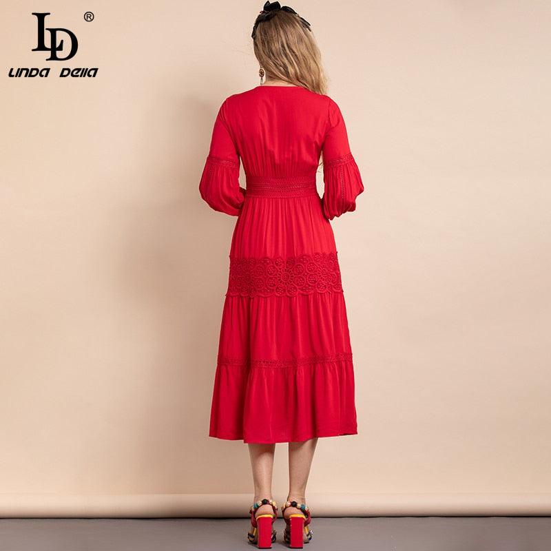 Red Lantern Sleeve Single-breasted Hollow Embroidered A-Line Midi Dress