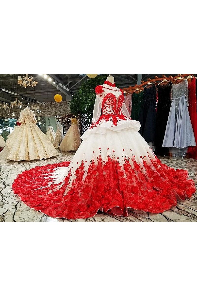 Red Patterns of Lace A-line High Neck Formal Evening Dress