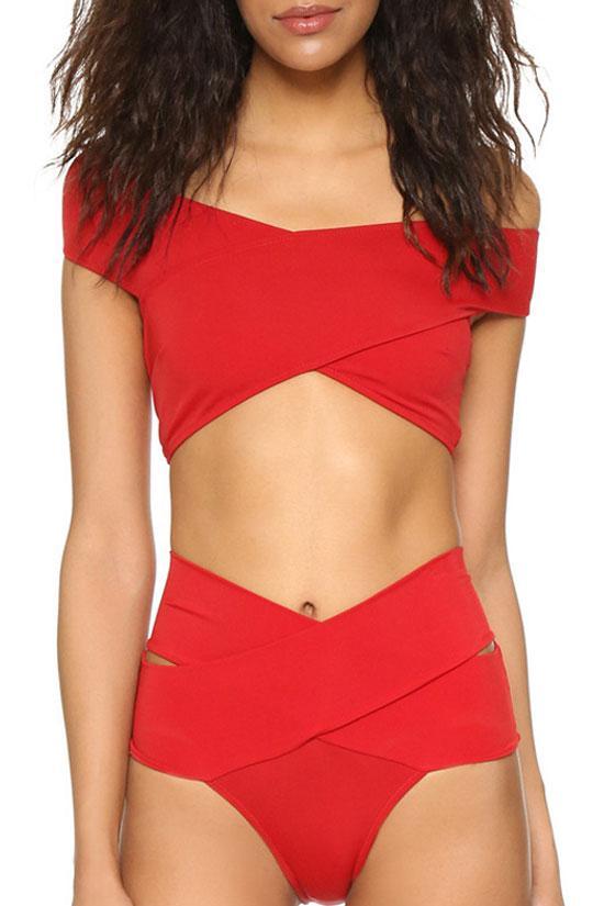Red High Waist Wrap Bandage Off Shoulder Bikini Swimsuit