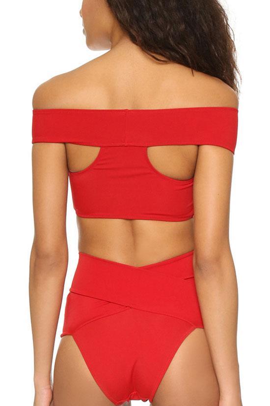Red High Waist Wrap Bandage Off Shoulder Bikini Swimsuit