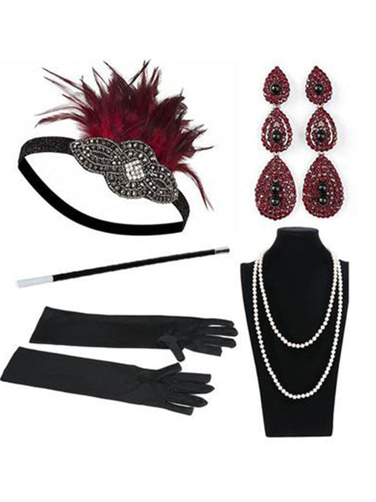 1920s Accessories Flapper Costomes Set/Feather Headband, Necklace, Gloves, Cigarette Holder&Bracelet