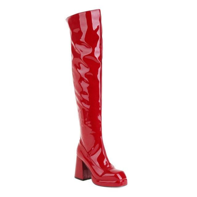 Red Over The Knee Square Toe Zip Sexy Long Boots