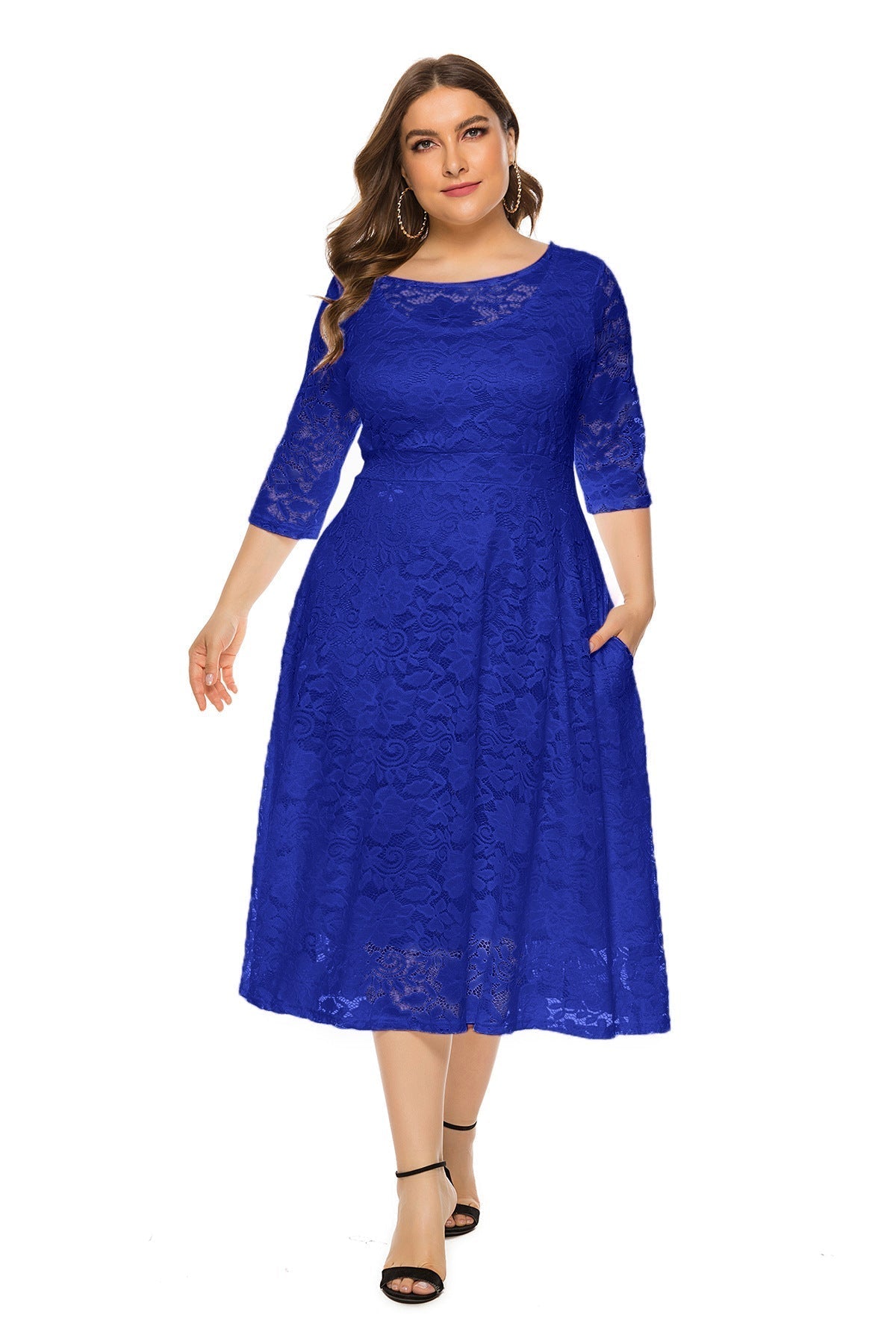 Plus Size Dresses For Women Lace Hollow Pocket Midi Prom Dresses