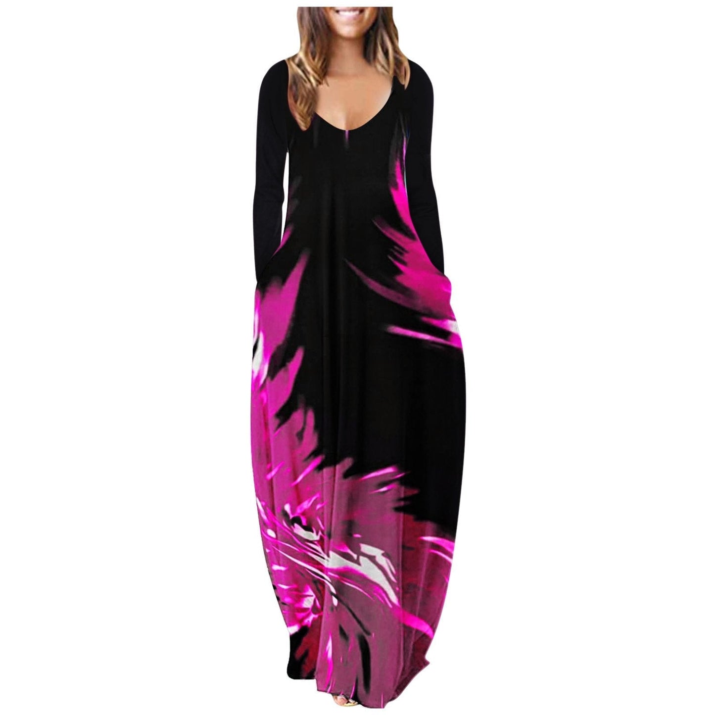 Plus Size Dress For Women Long Sleeve V-neck Loose Maxi Dress
