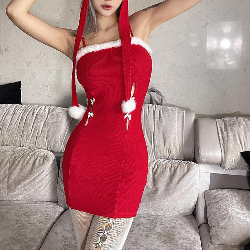Red Christmas Dress Spaghetti Strap Hollow Bowknot Mini Bodycon Dress