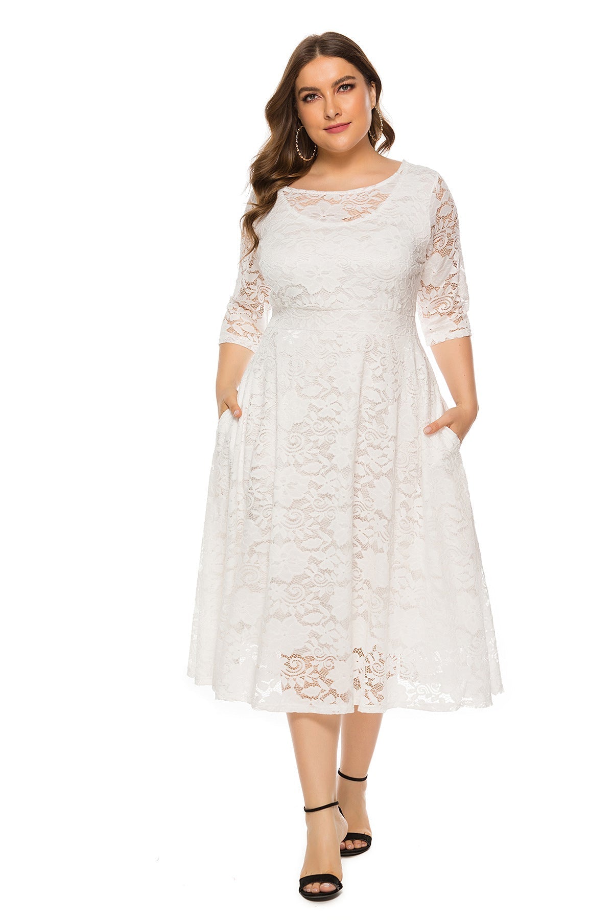Plus Size Dresses For Women Lace Hollow Pocket Midi Prom Dresses