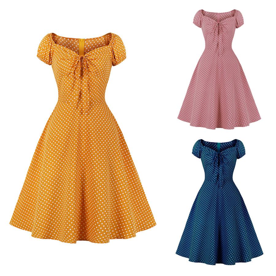 Polka Dot Dress Retro-Style Square Collar Drawstrings Big Swing Dresses